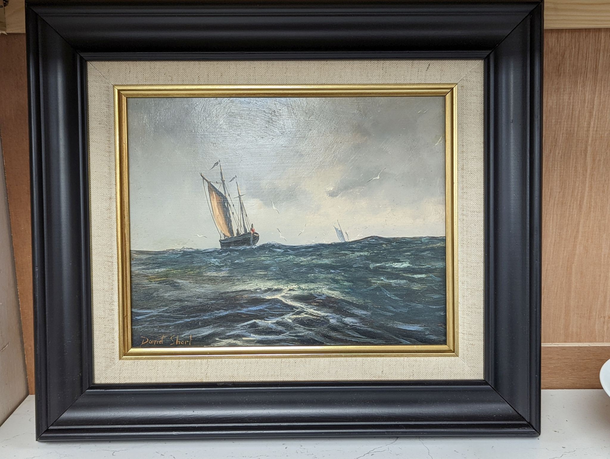 David Short, oil on board, Fishing boat at sea, 19 x 24cm